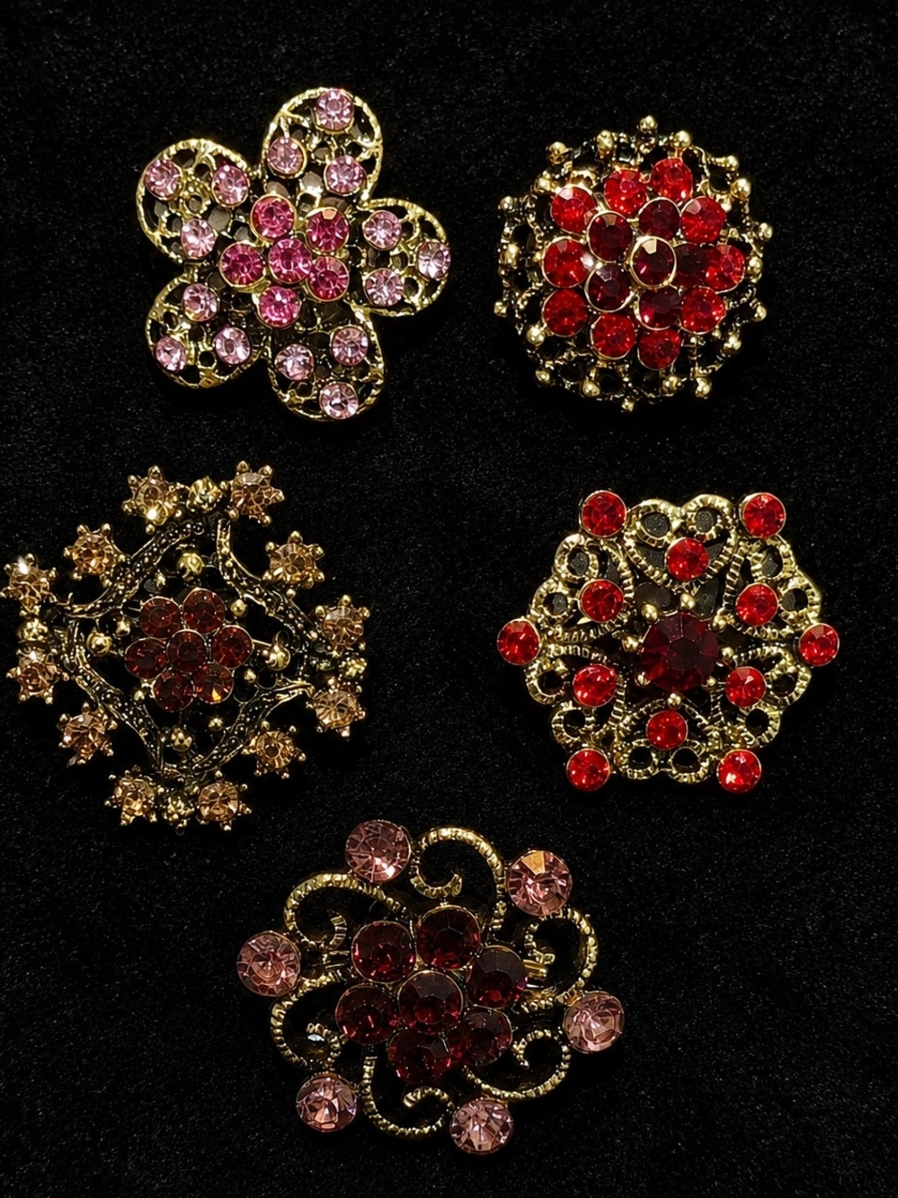 Vintage Rhinestone Brooch Lot of 5 Gold Tone Floral Snowflake Pins Retro Jewelry